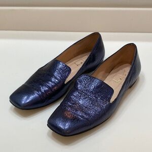 Anthropologie fs/ny Elegant Blue Metallic Leather Loafers Size 9 Made in Spain